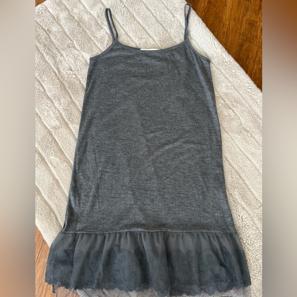 Tank Dress T Knit O2 Collection Heather Gray Sheer Tulle Eyelet Ruffle Hem SZ S - Picture 3 of 6